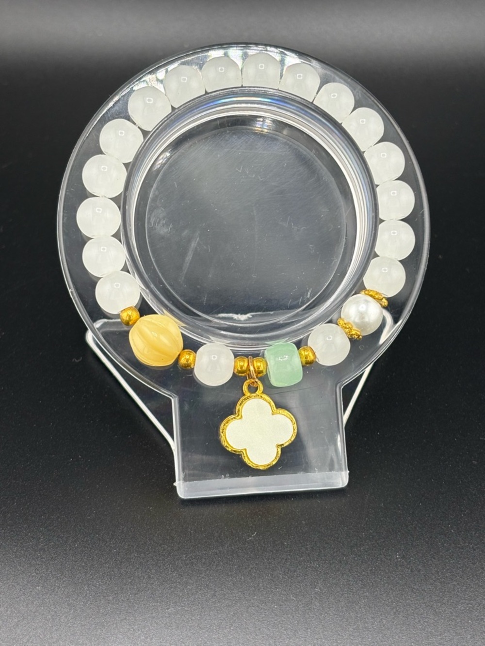 Handmade White Bead Bracelet with Gold Clover Charm